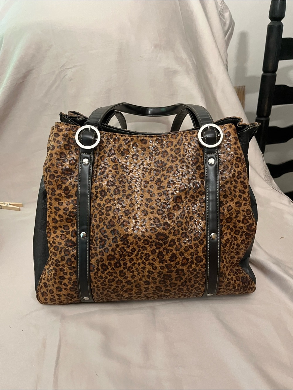 Rolfs Leopard-Print Tote with Black Trim and Silver Rings